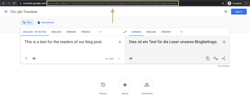Schreenshot of Google Translate example