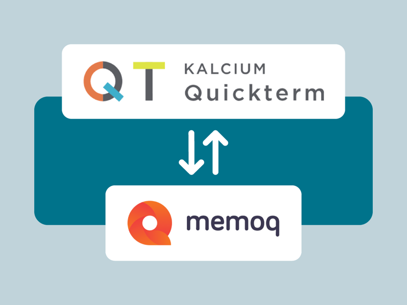 Arrows connecting the Kalcium Quickterm and memoQ logos