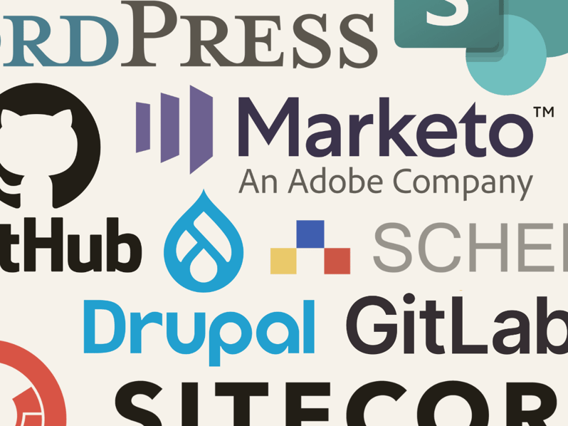 Überlagerte Logos von GitHub, GitLab, Marketo, MS Sharepoint, SITECORE, Drupal, Schema ST4 und Wordpress
